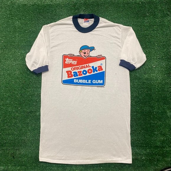 Vintage 80s Bazooka Bubble Gum Logo Single Stitch Ringer Tee Tees 